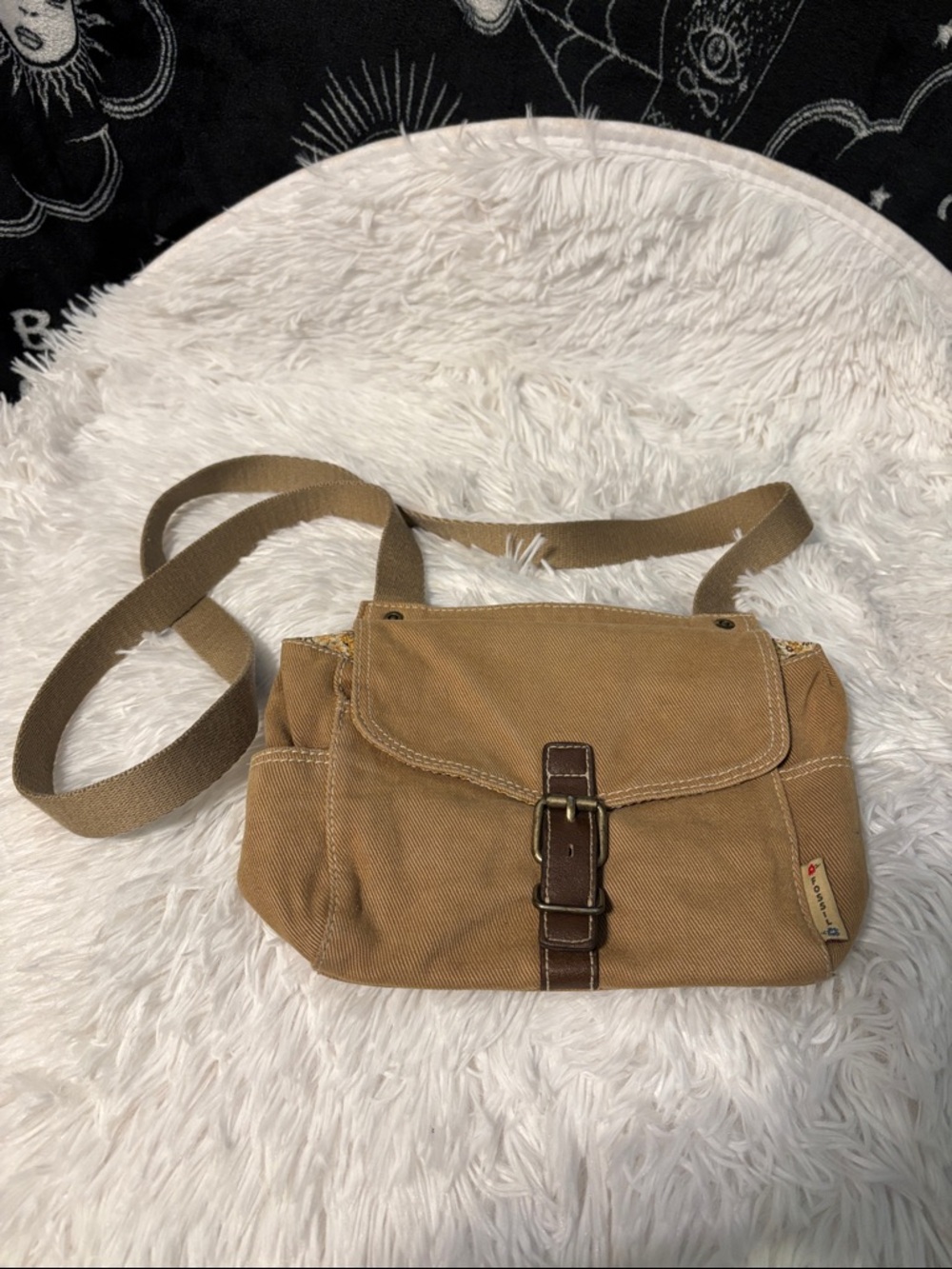 Fossil Tan Crossbody Canvas Bag with Brown Leather Trim